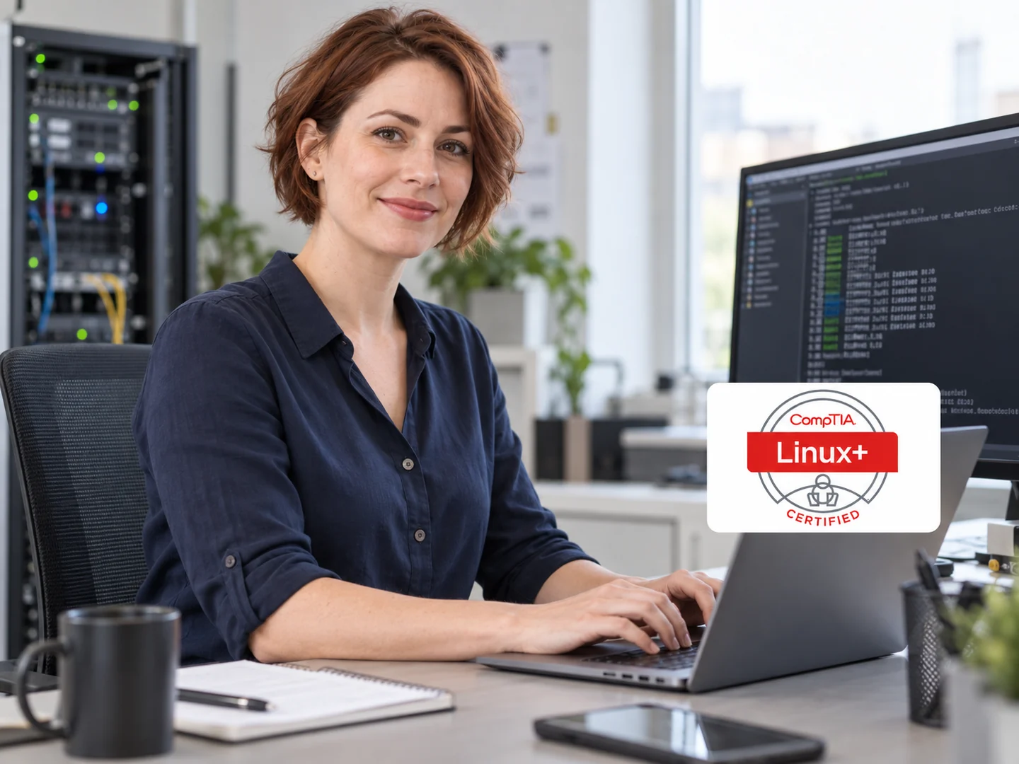 Administratrice système au travail, avec le logo CompTIA Linux+ dans une pastille blanche.