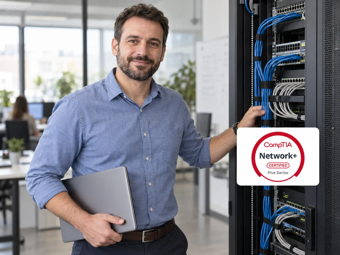 Technicien réseau devant une baie de brassage, avec le logo CompTIA Network+ dans une pastille blanche.
