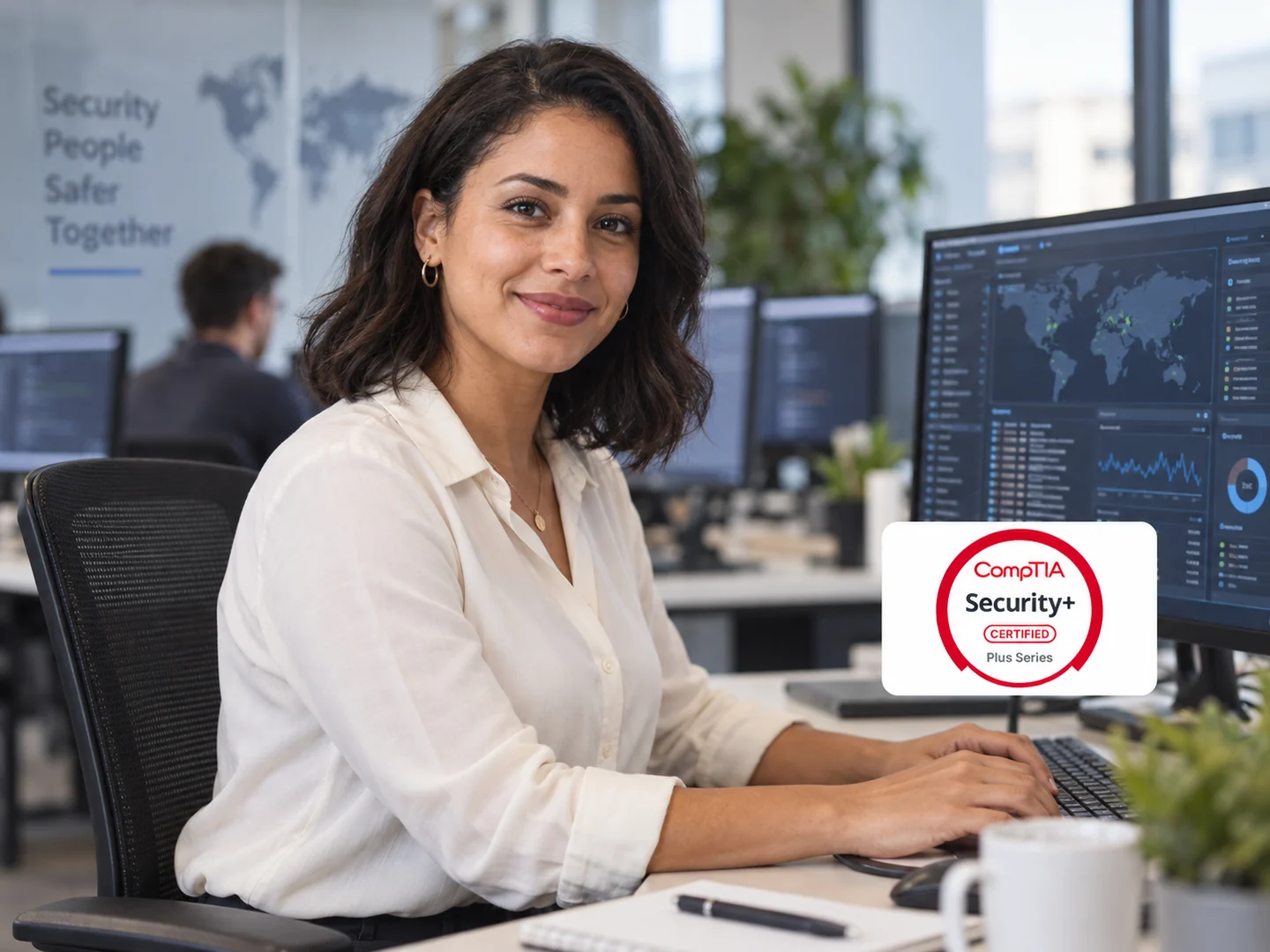 Analyste en cybersécurité devant ses écrans, avec le logo CompTIA Security+ dans une pastille blanche.
