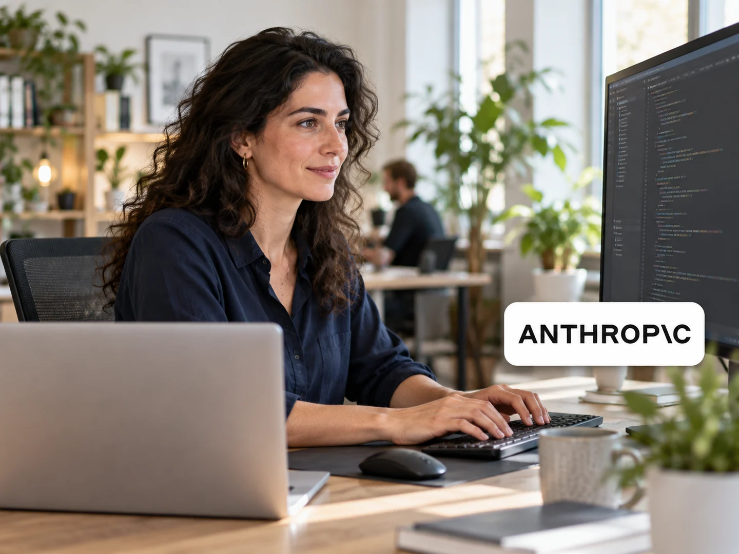Développeuse travaillant sur du code, avec le logo Anthropic.