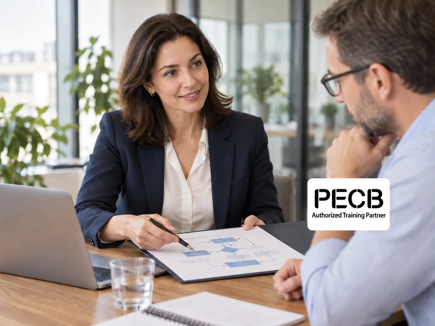 Auditrice examinant un plan de continuité d’activité, avec le logo PECB.