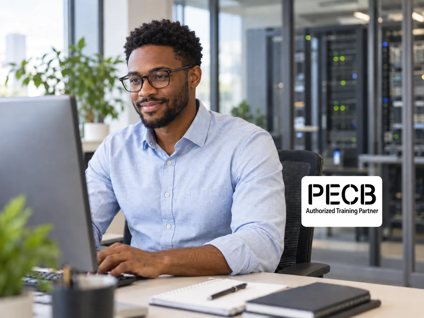 Professionnel de la sécurité de l’information au travail, avec le logo PECB.