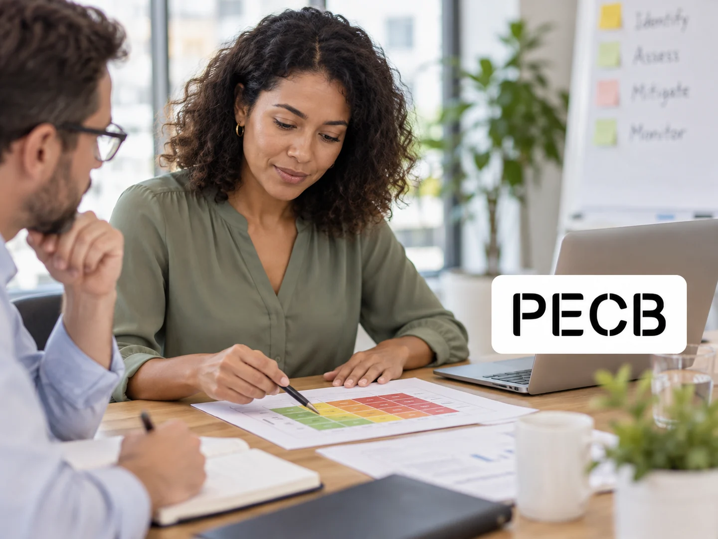 Professionnelle analysant une matrice de risques, avec le logo PECB.