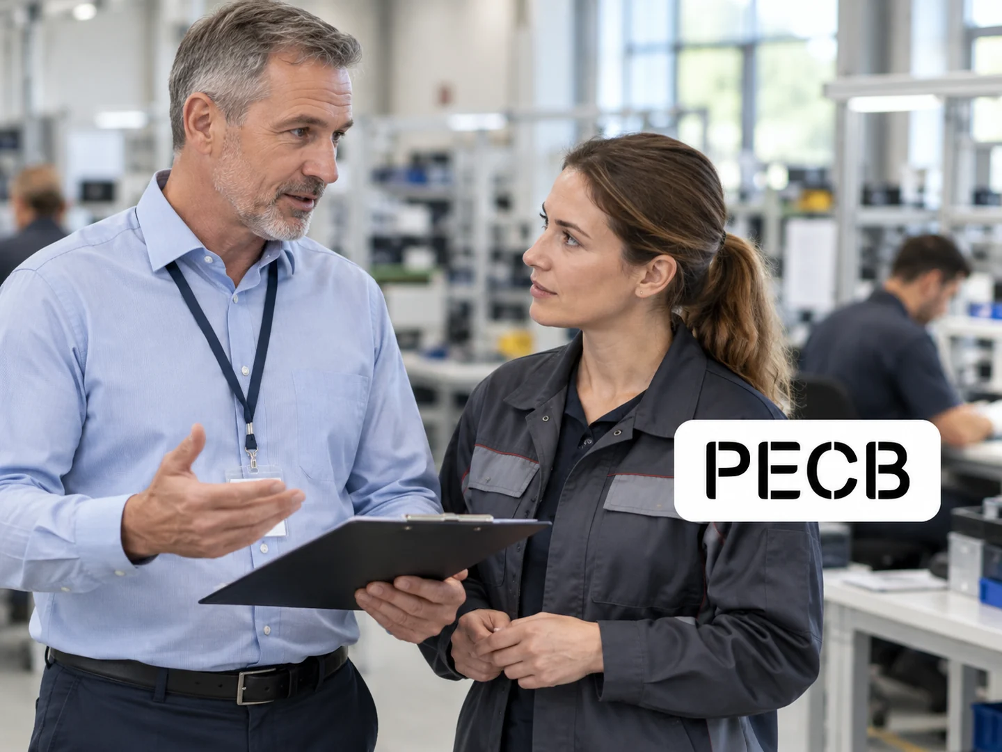Auditeur qualité dans un environnement de production, avec le logo PECB.