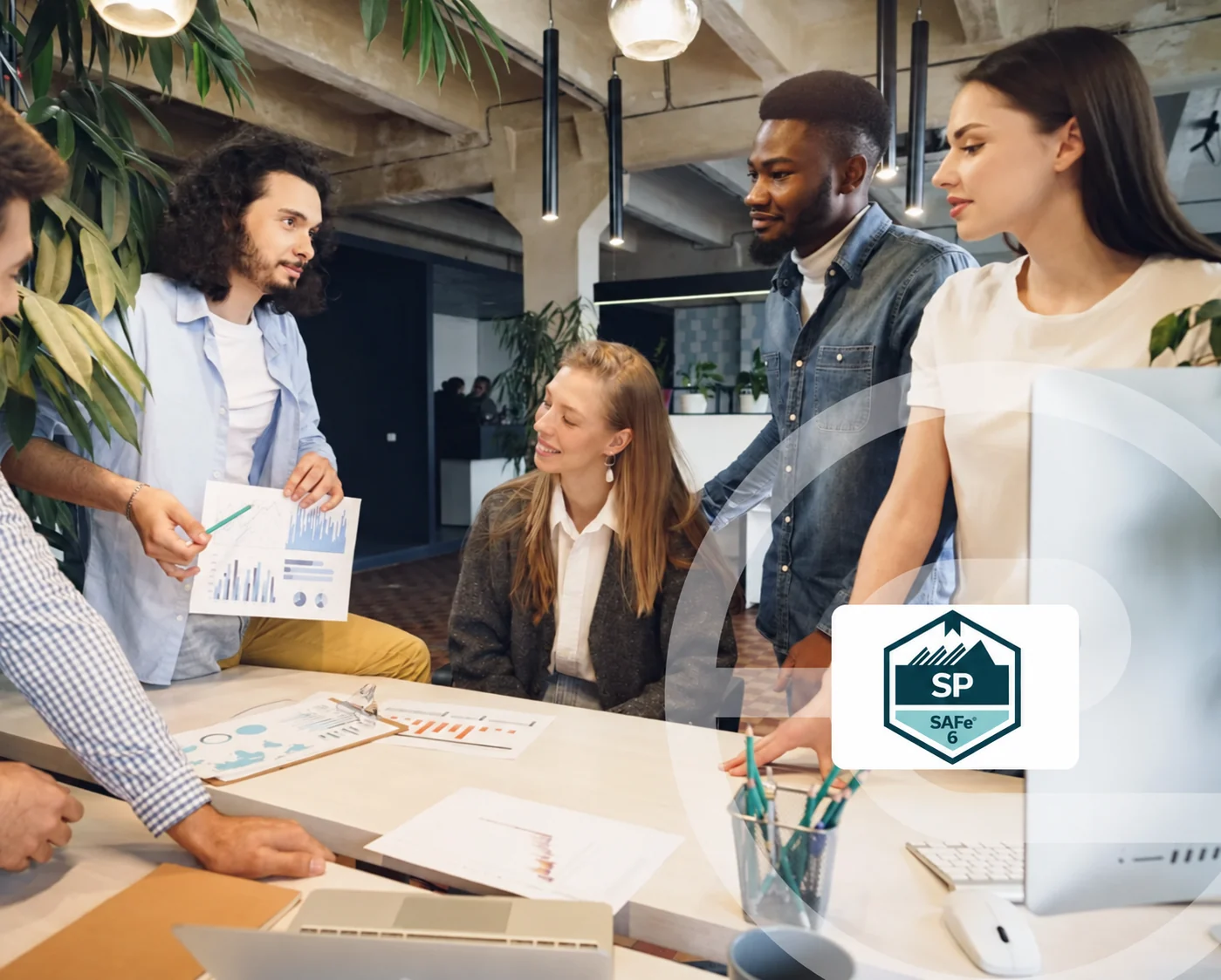 Illustration de la formation SAFe for Teams, avec son logo dans une pastille blanche.
